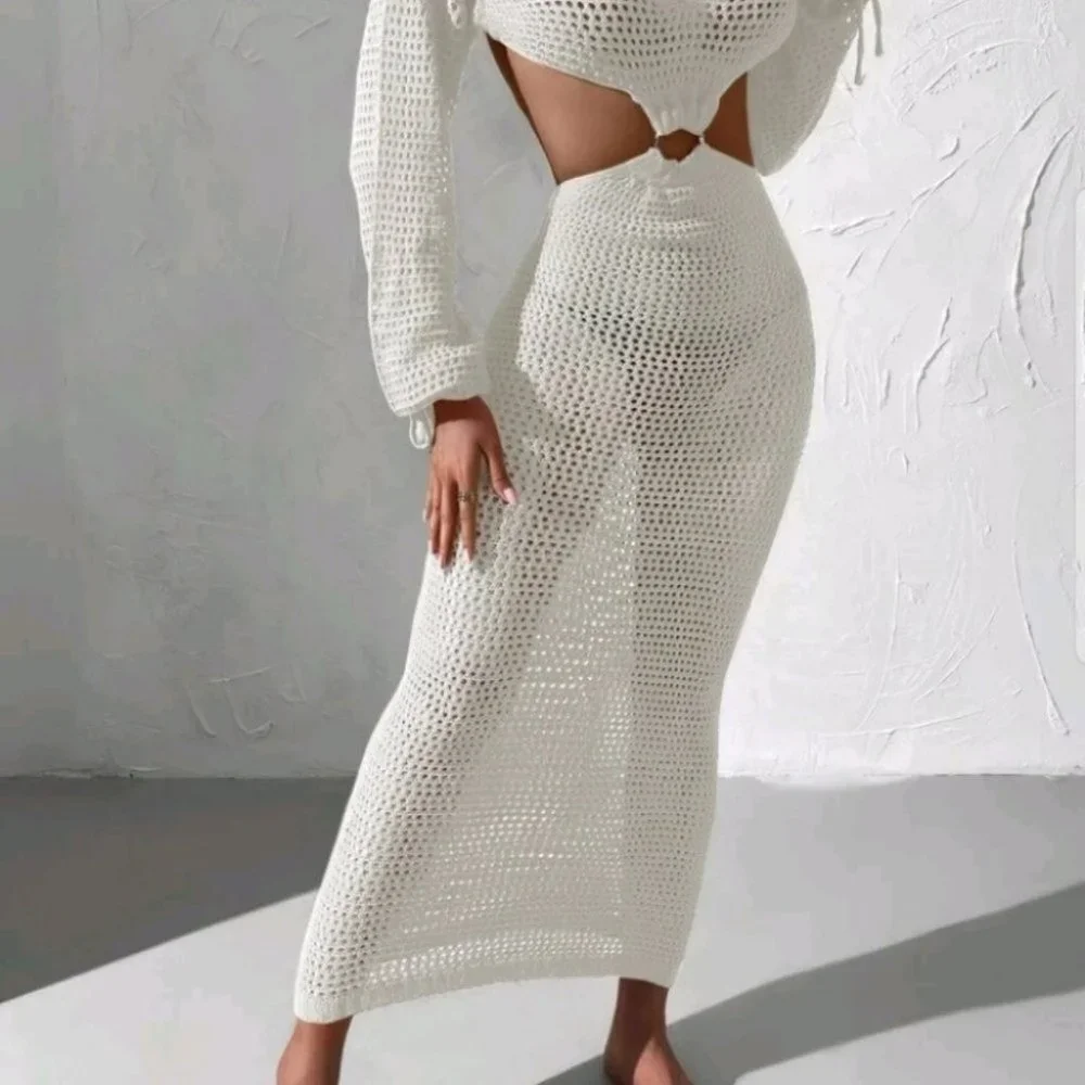 White knit cut out cover up dress summer beachy vacay - Picture 4 of 8